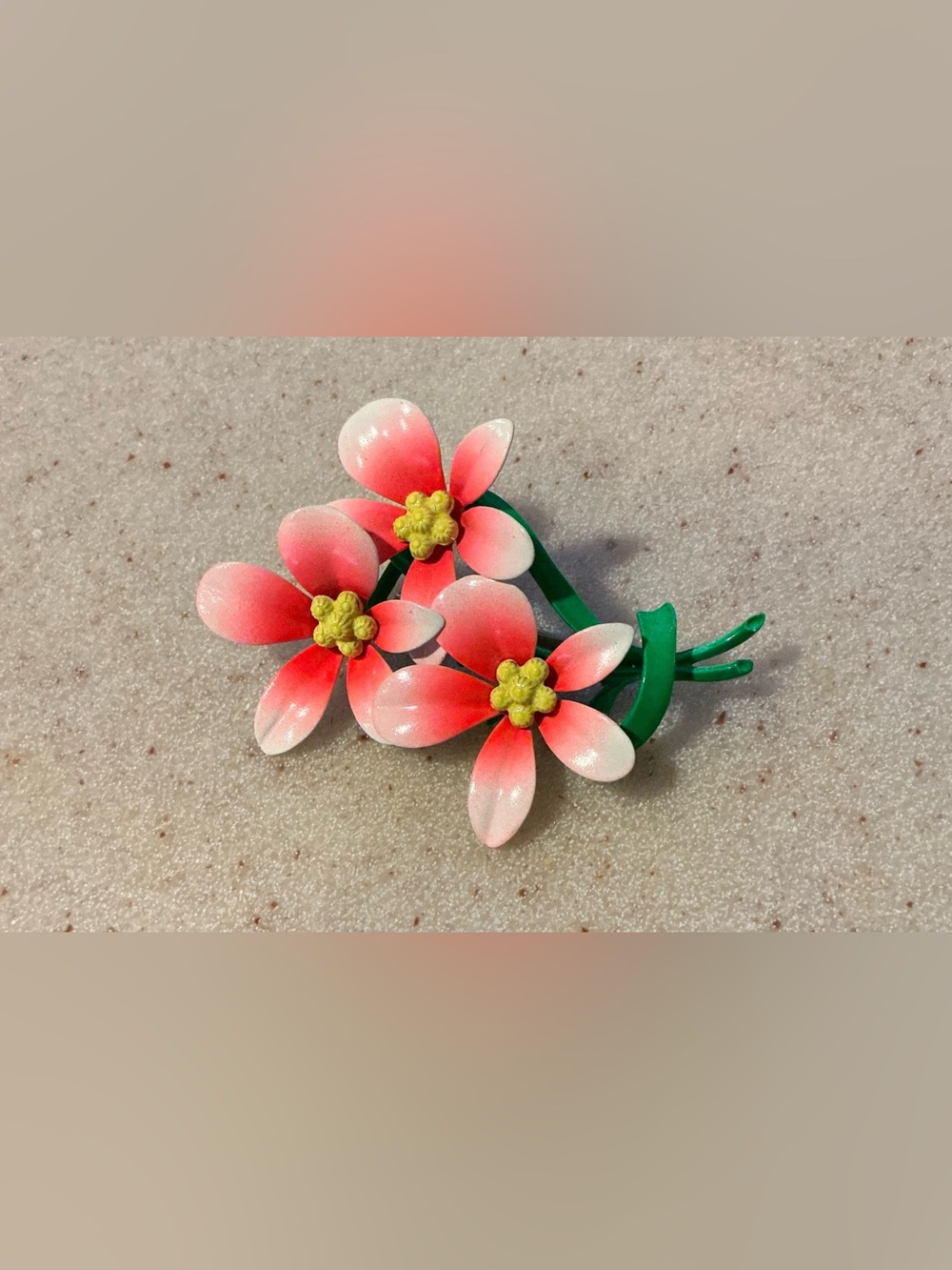 Pink Floral Enamel Brooch with Green Stem